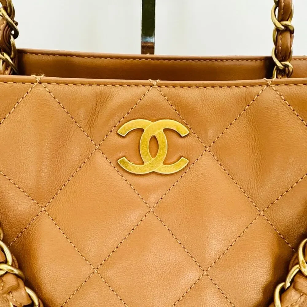Chanel CC Chain Tote Quilted Leather Tan Brown Handle Purse Full Set & Box 2021